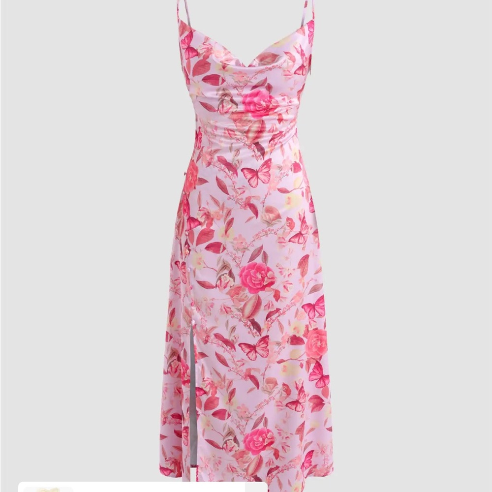 Cowl neck butterfly & floral midi dress